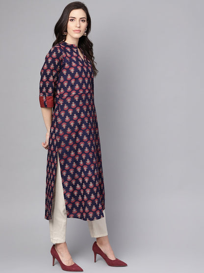 Blue Printed 3/4Th Sleeve Cotton Straight Kurta | LASVINI - Redefining Indian Fashion with Elegance