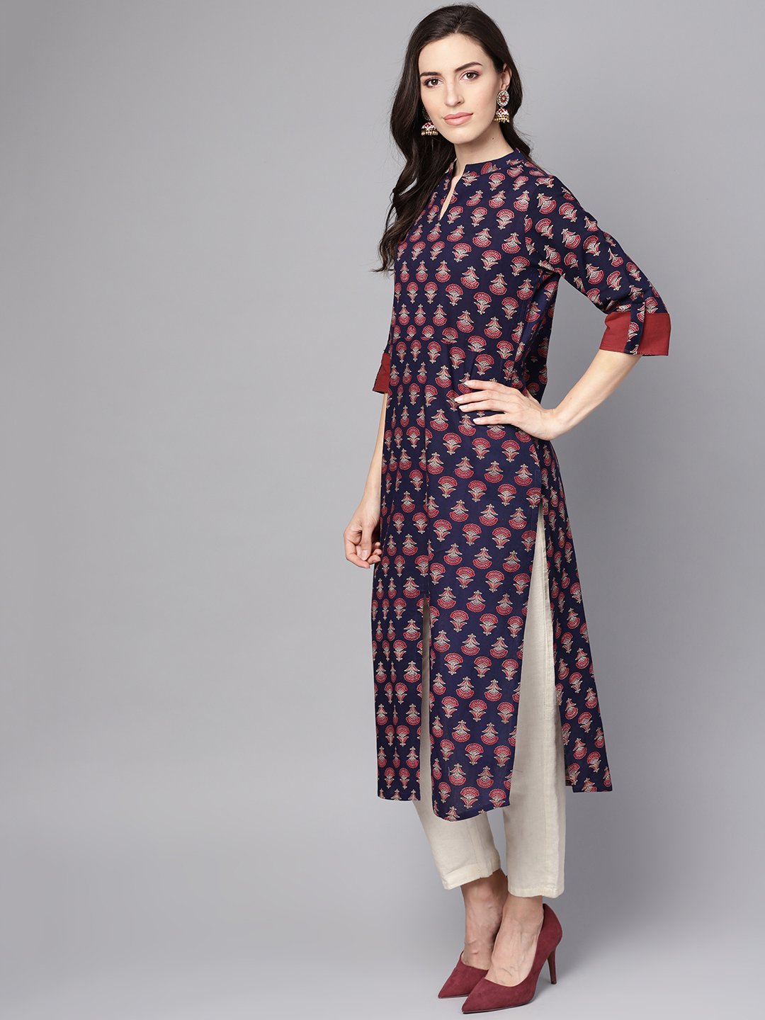 Blue Printed 3/4Th Sleeve Cotton Straight Kurta | LASVINI - Redefining Indian Fashion with Elegance
