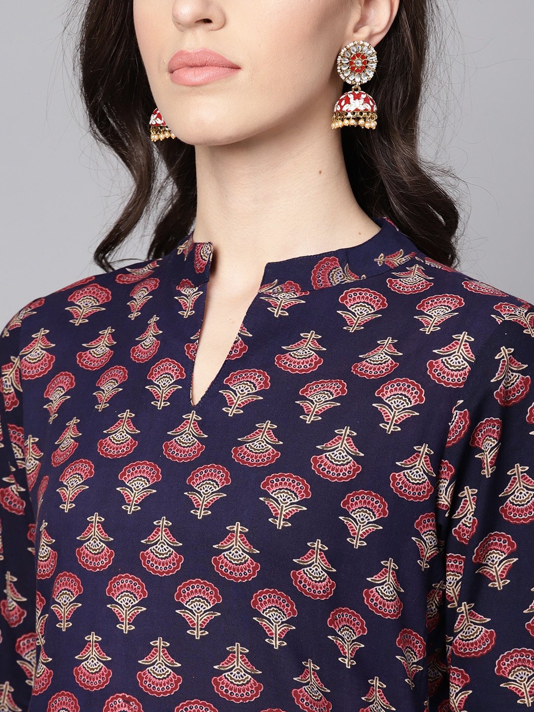 Blue Printed 3/4Th Sleeve Cotton Straight Kurta | LASVINI - Redefining Indian Fashion with Elegance