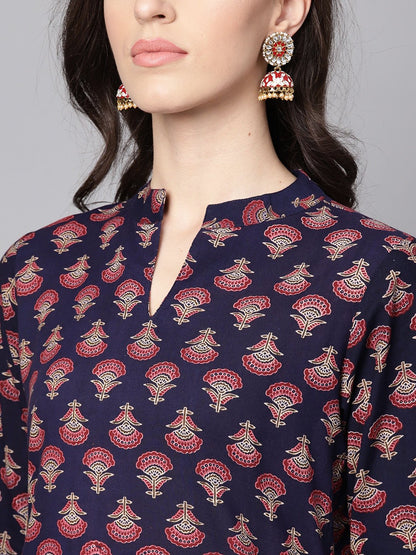 Blue Printed 3/4Th Sleeve Cotton Straight Kurta | LASVINI - Redefining Indian Fashion with Elegance