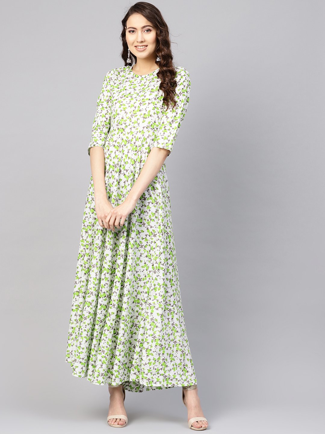 Women White & Green Floral Print Maxi Dress | LASVINI - Redefining Indian Fashion with Elegance
