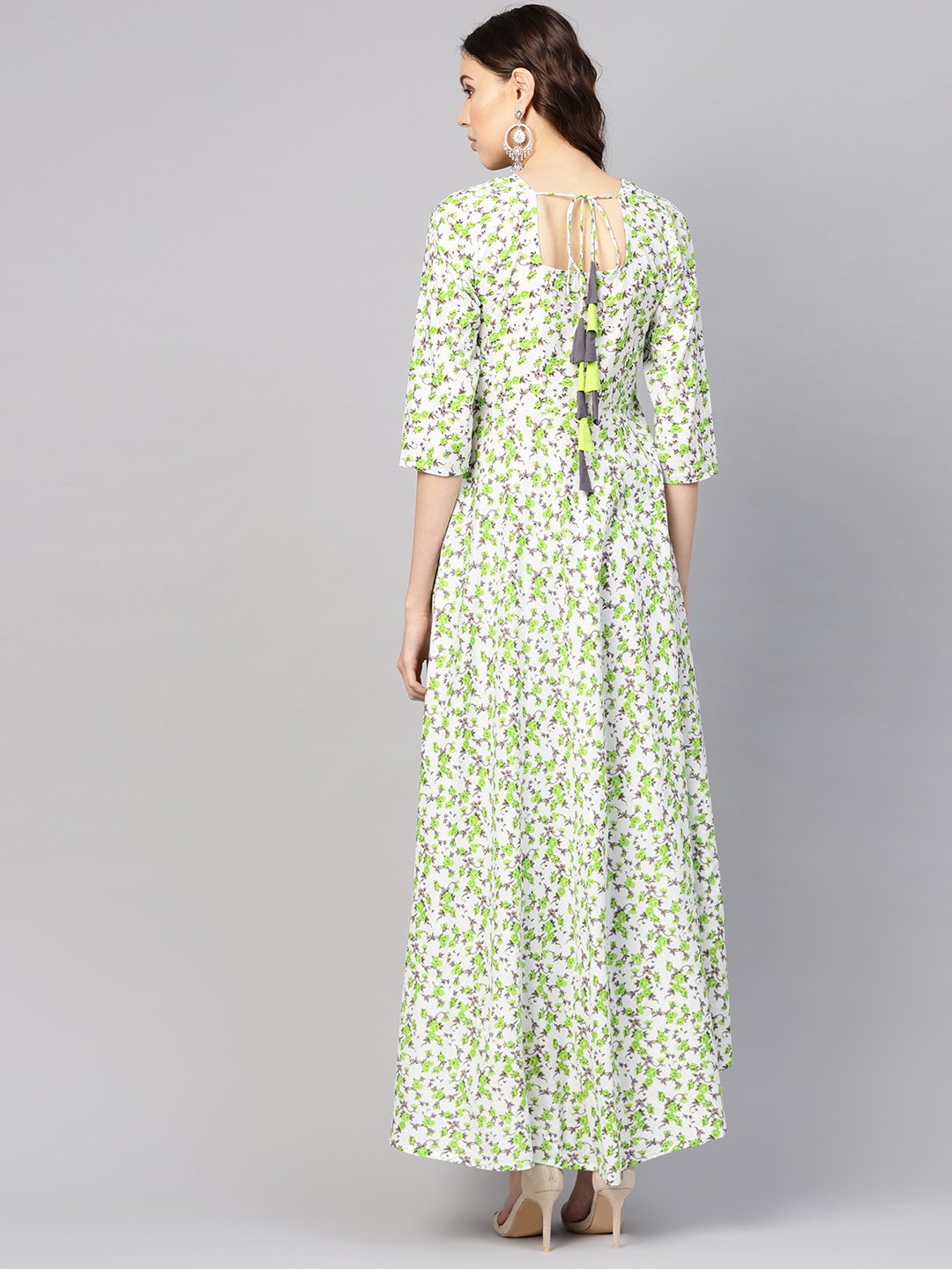 Women White & Green Floral Print Maxi Dress | LASVINI - Redefining Indian Fashion with Elegance