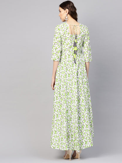 Women White & Green Floral Print Maxi Dress | LASVINI - Redefining Indian Fashion with Elegance