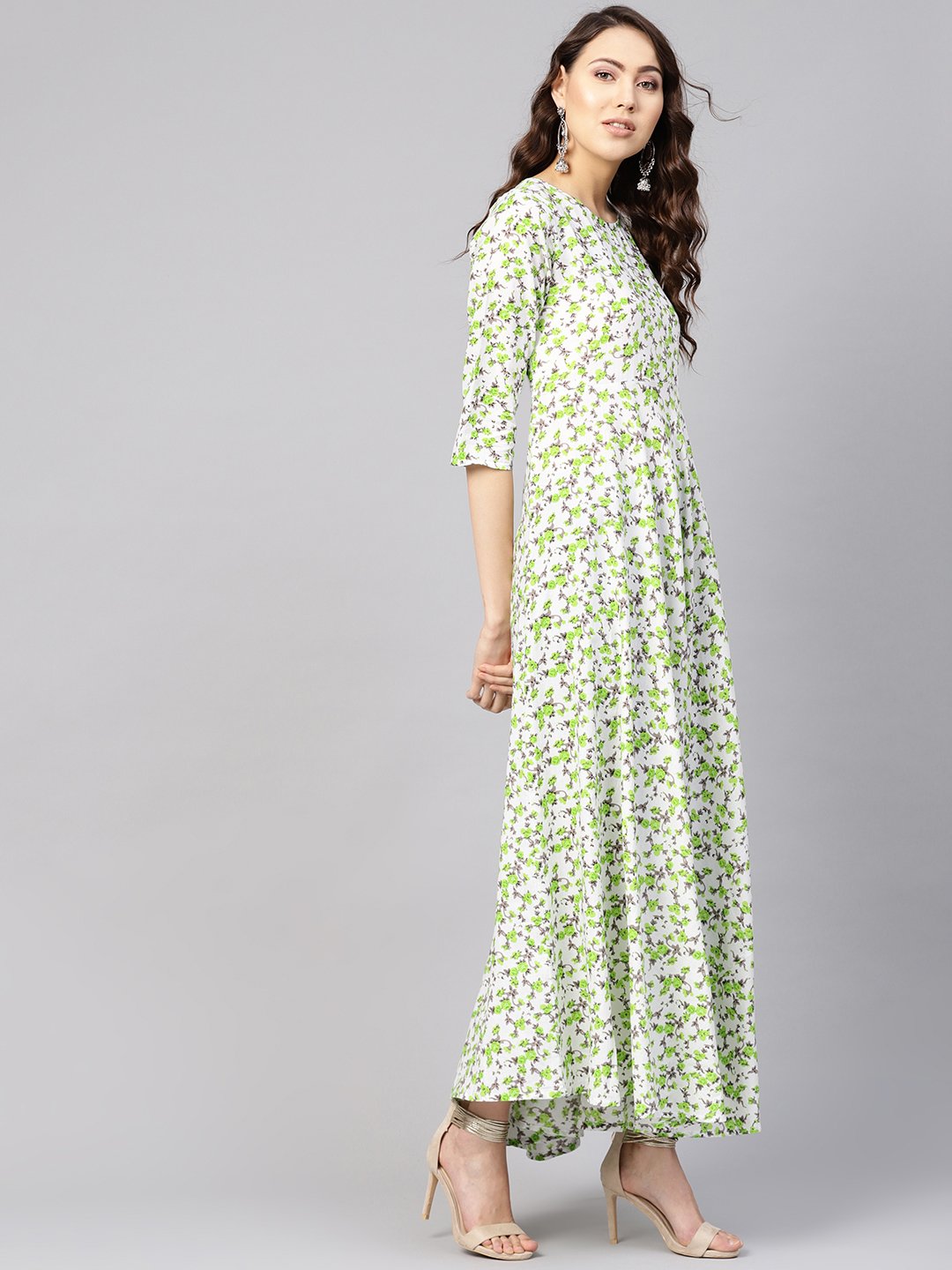 Women White & Green Floral Print Maxi Dress | LASVINI - Redefining Indian Fashion with Elegance