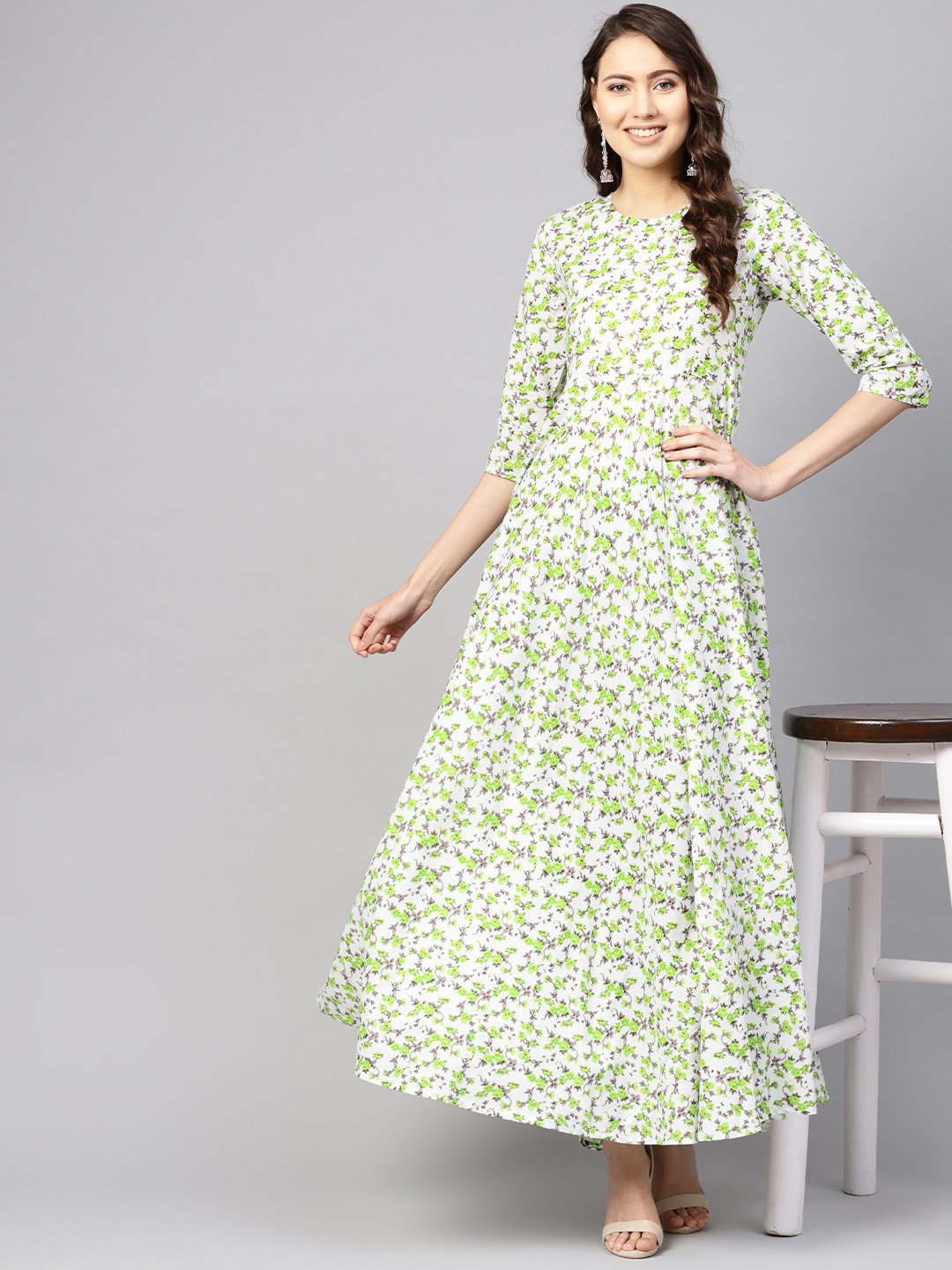 Women White & Green Floral Print Maxi Dress | LASVINI - Redefining Indian Fashion with Elegance