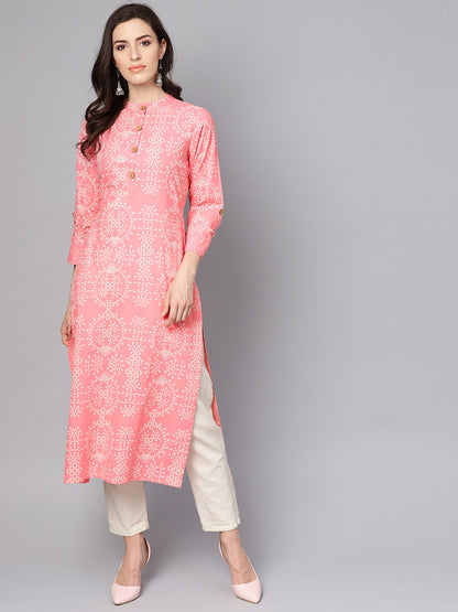 Pink Printed Full Sleeve Cotton Straight Kurta | LASVINI - Redefining Indian Fashion with Elegance