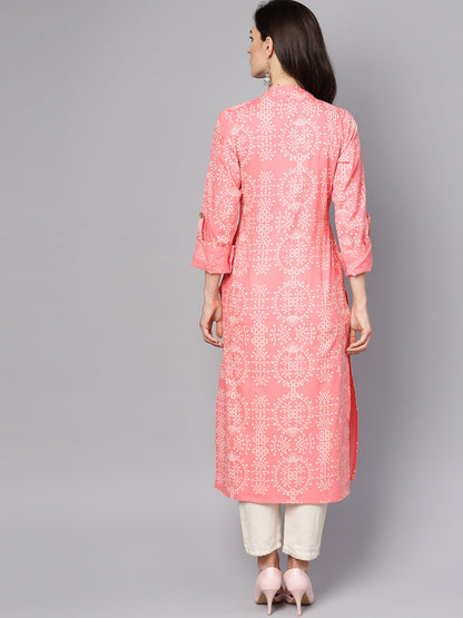 Pink Printed Full Sleeve Cotton Straight Kurta | LASVINI - Redefining Indian Fashion with Elegance