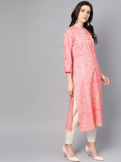 Pink Printed Full Sleeve Cotton Straight Kurta | LASVINI - Redefining Indian Fashion with Elegance