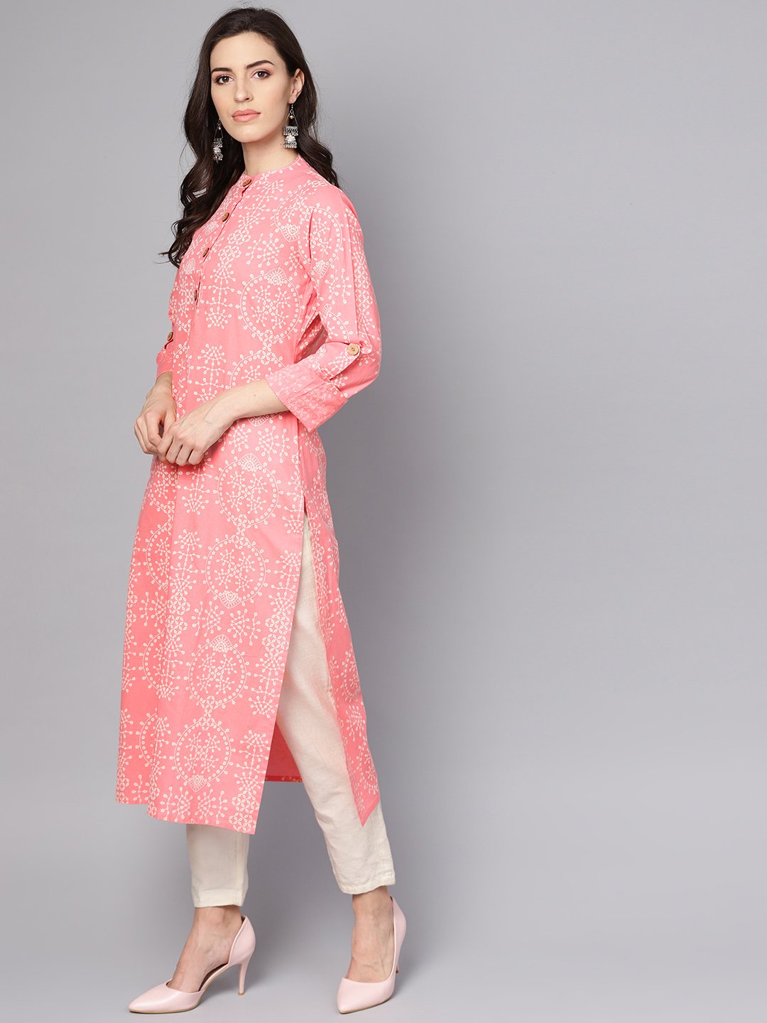 Pink Printed Full Sleeve Cotton Straight Kurta | LASVINI - Redefining Indian Fashion with Elegance