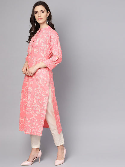 Pink Printed Full Sleeve Cotton Straight Kurta | LASVINI - Redefining Indian Fashion with Elegance