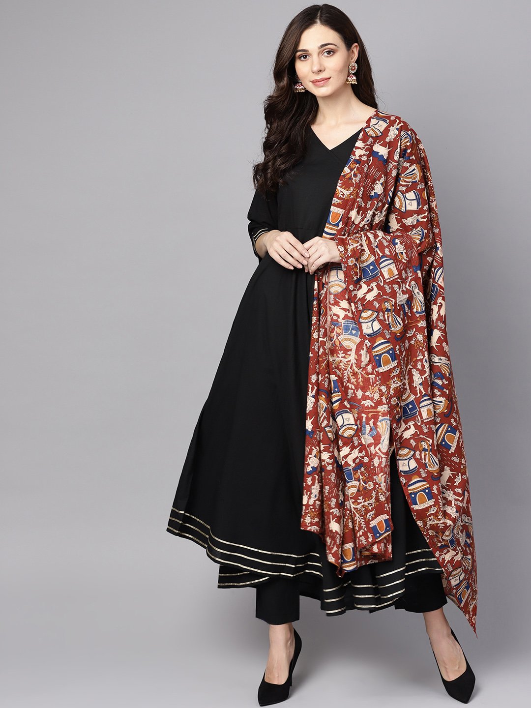 Black 3/4Th Sleeve Cotton Kurta With Palazzo And Printed Dupatta | LASVINI - Redefining Indian Fashion with Elegance