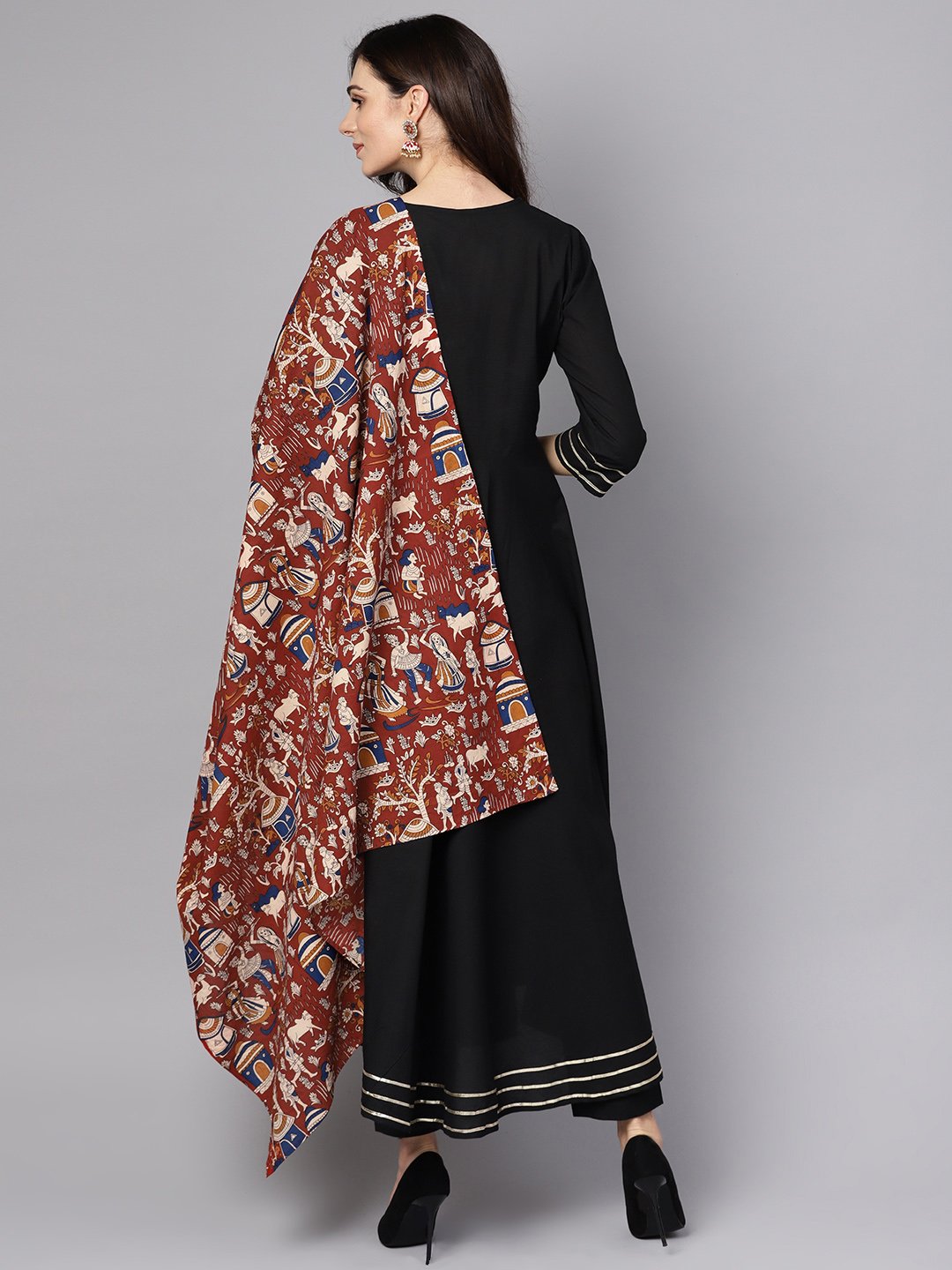 Black 3/4Th Sleeve Cotton Kurta With Palazzo And Printed Dupatta | LASVINI - Redefining Indian Fashion with Elegance