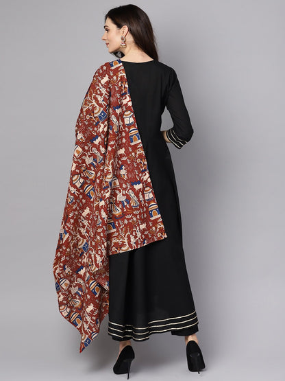 Black 3/4Th Sleeve Cotton Kurta With Palazzo And Printed Dupatta | LASVINI - Redefining Indian Fashion with Elegance