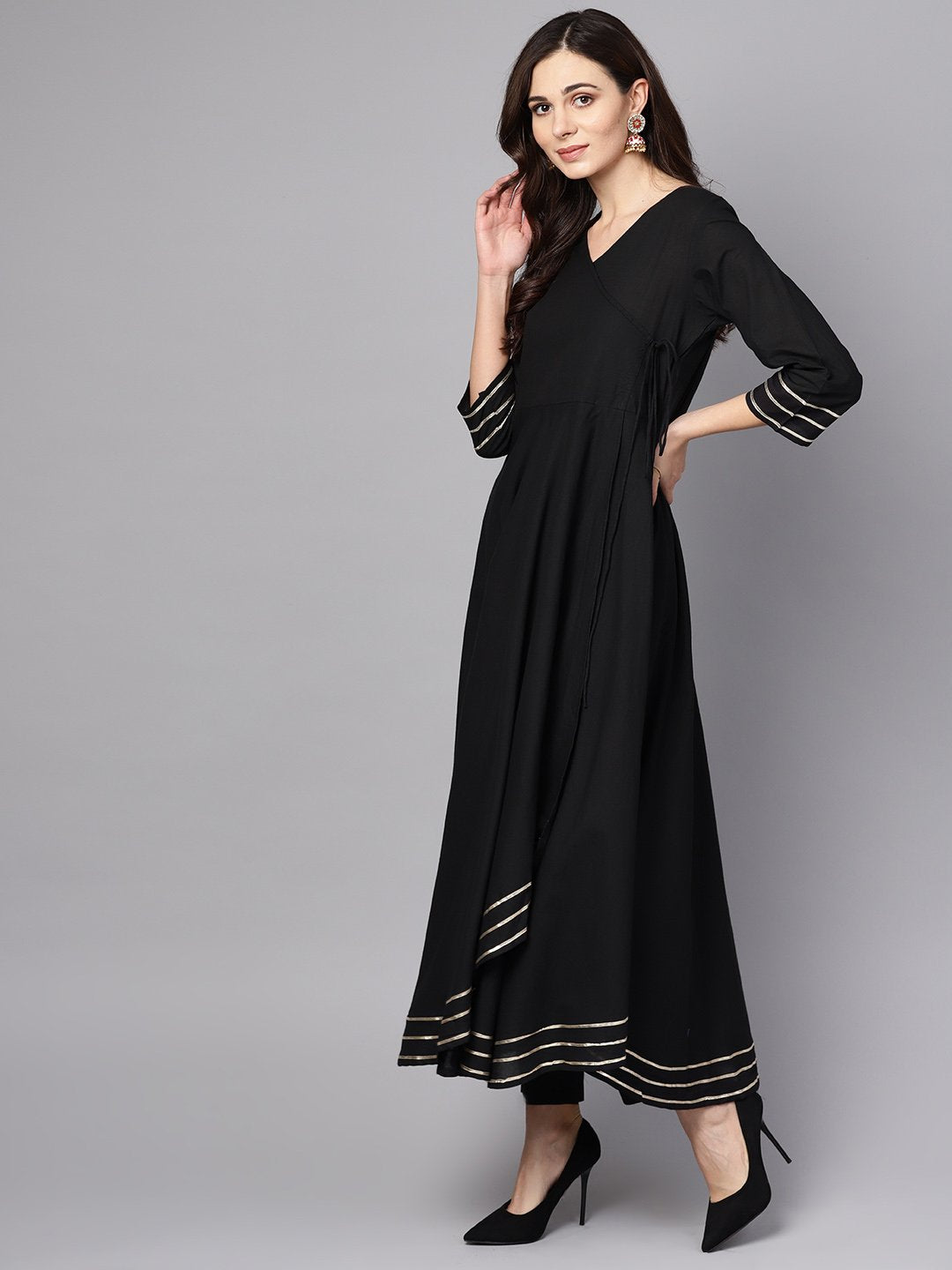 Black 3/4Th Sleeve Cotton Kurta With Palazzo And Printed Dupatta | LASVINI - Redefining Indian Fashion with Elegance