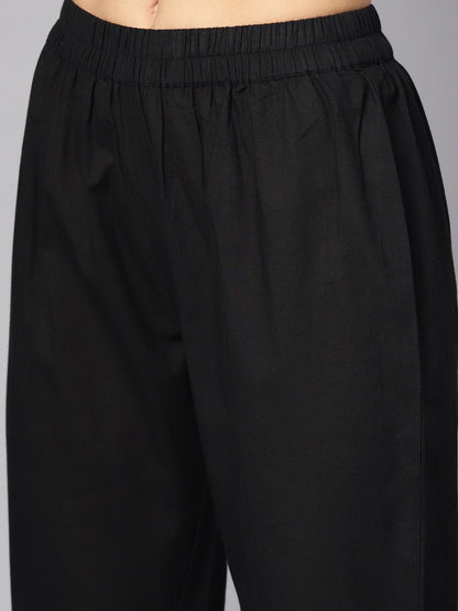 Black 3/4Th Sleeve Cotton Kurta With Palazzo And Printed Dupatta | LASVINI - Redefining Indian Fashion with Elegance