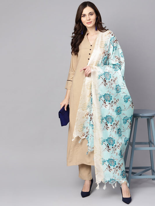 Beige 3/4Th Sleeve Rayon Kurta With Ankle Length Palazzo And Printed Dupatta | LASVINI - Redefining Indian Fashion with Elegance