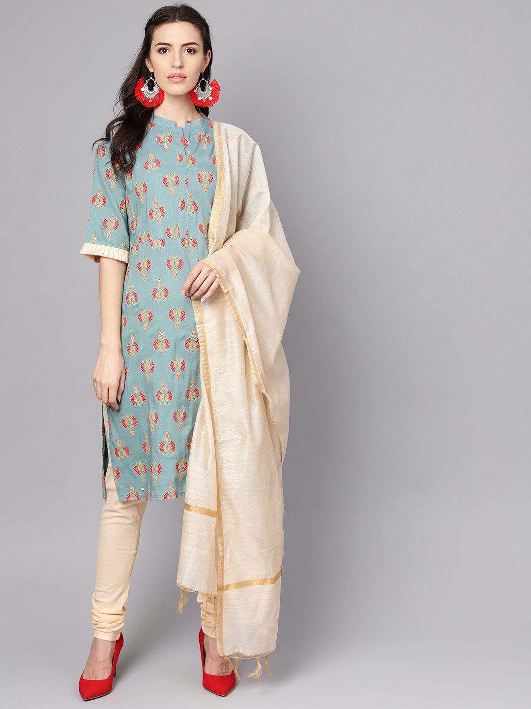 Green Printed Half Sleeve Cotton Kurta With Beige Churidar And Dupatta | LASVINI - Redefining Indian Fashion with Elegance