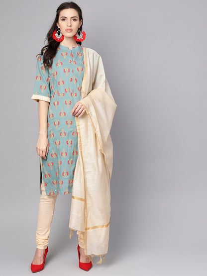 Green Printed Half Sleeve Cotton Kurta With Beige Churidar And Dupatta | LASVINI - Redefining Indian Fashion with Elegance