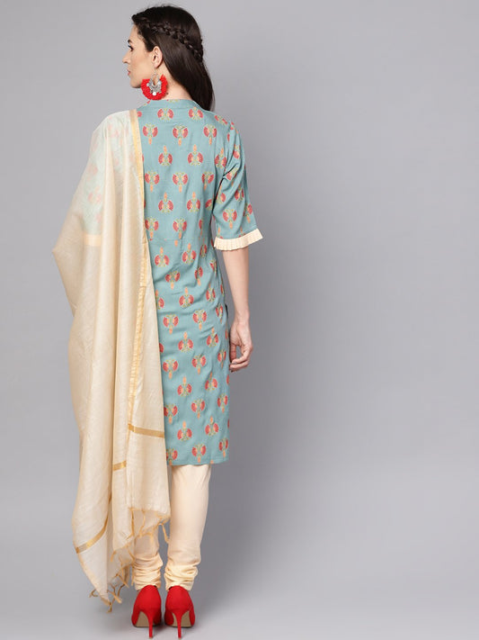 Green Printed Half Sleeve Cotton Kurta With Beige Churidar And Dupatta | LASVINI - Redefining Indian Fashion with Elegance