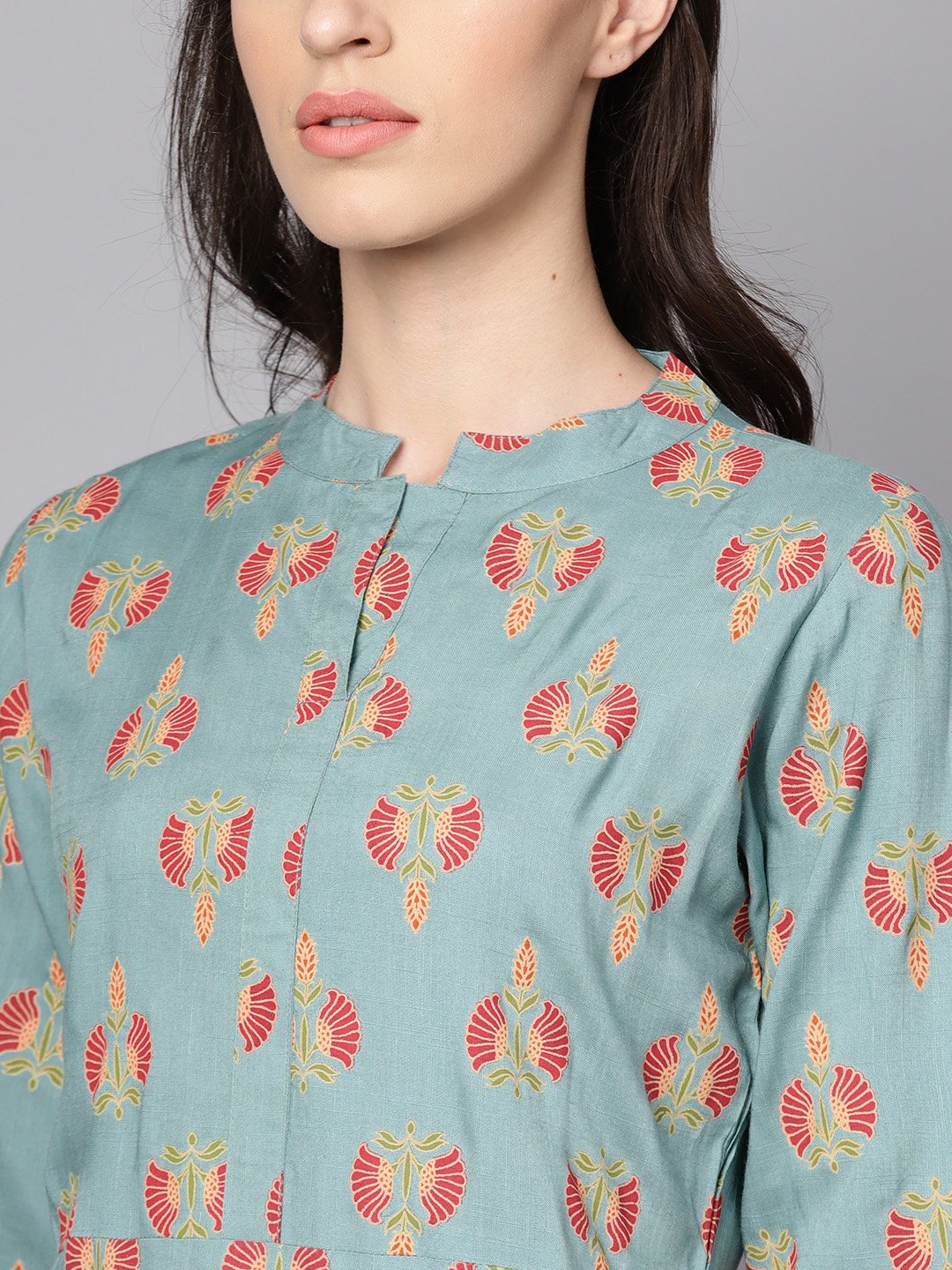 Green Printed Half Sleeve Cotton Kurta With Beige Churidar And Dupatta | LASVINI - Redefining Indian Fashion with Elegance