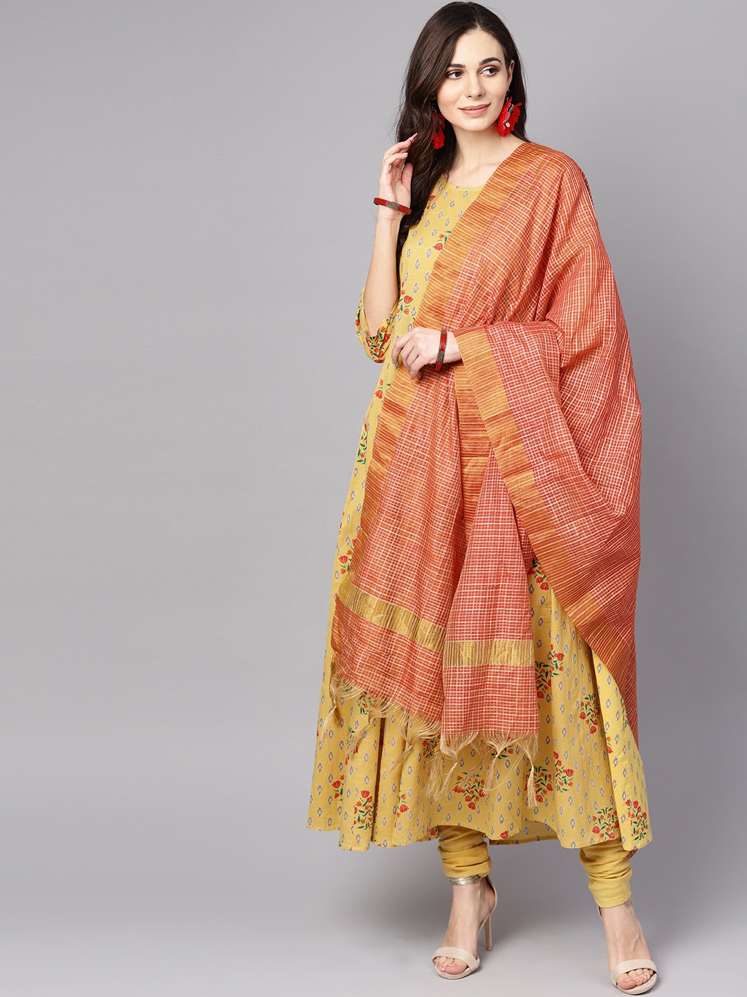 Yellow 3/4Th Sleeve Cotton Anarkali Kurta With Churidar And Dupatta | LASVINI - Redefining Indian Fashion with Elegance