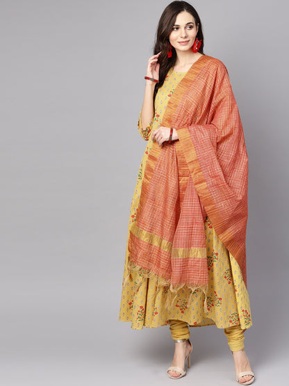 Yellow 3/4Th Sleeve Cotton Anarkali Kurta With Churidar And Dupatta | LASVINI - Redefining Indian Fashion with Elegance