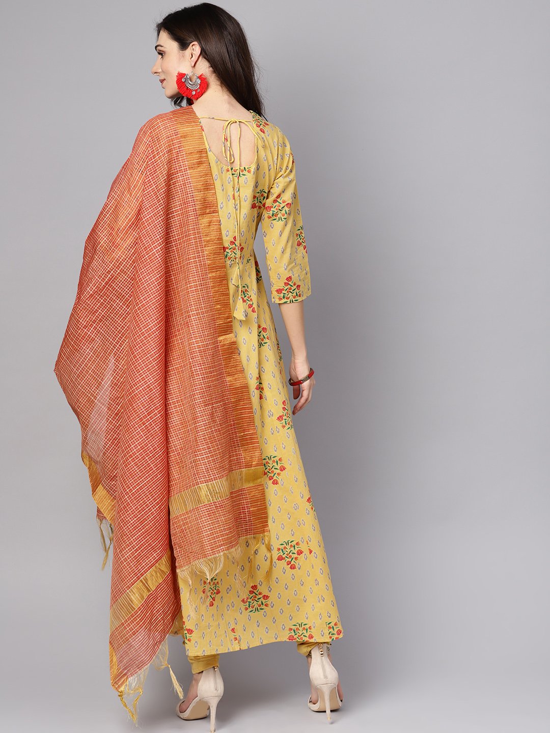 Yellow 3/4Th Sleeve Cotton Anarkali Kurta With Churidar And Dupatta | LASVINI - Redefining Indian Fashion with Elegance