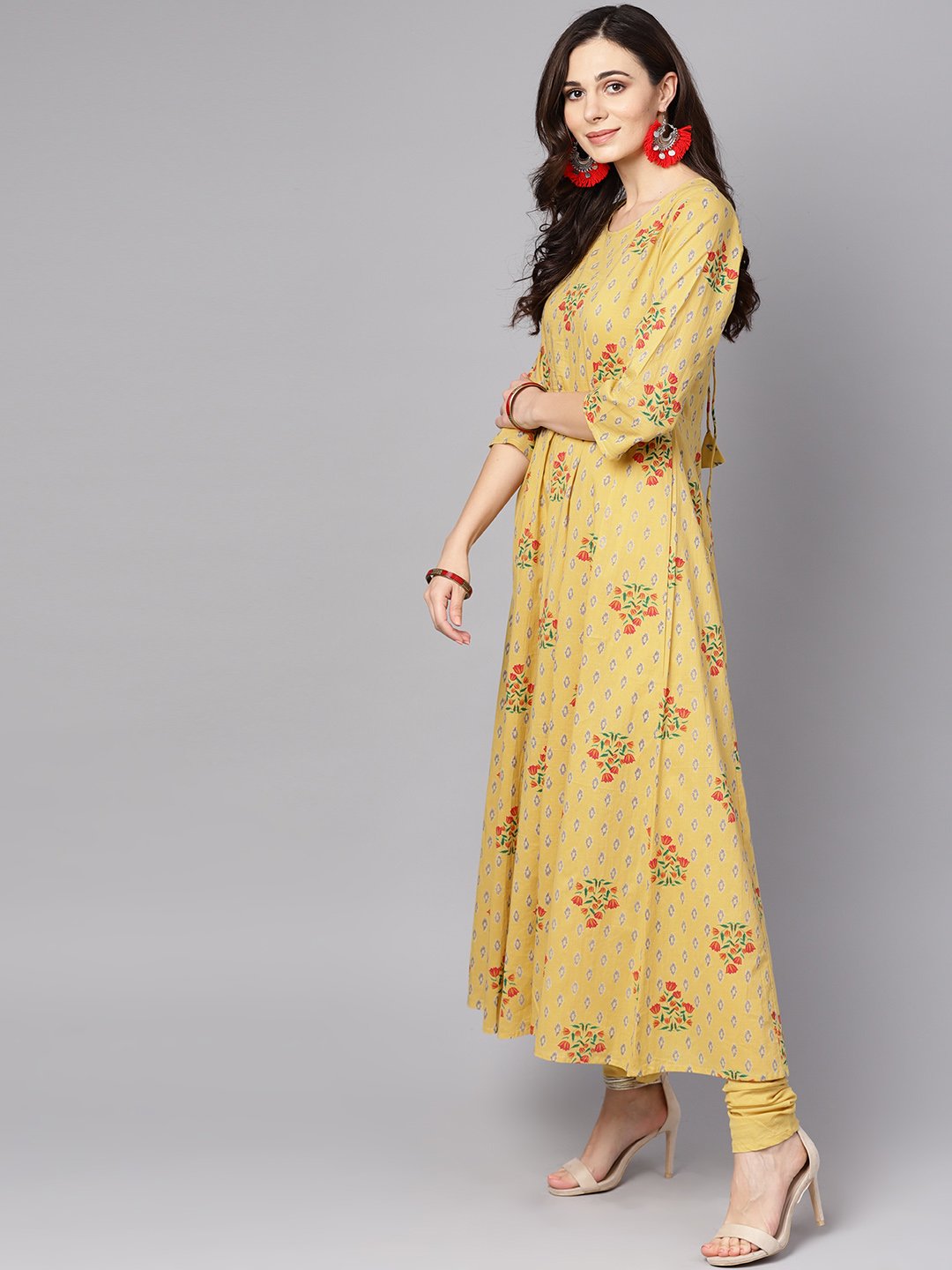 Yellow 3/4Th Sleeve Cotton Anarkali Kurta With Churidar And Dupatta | LASVINI - Redefining Indian Fashion with Elegance