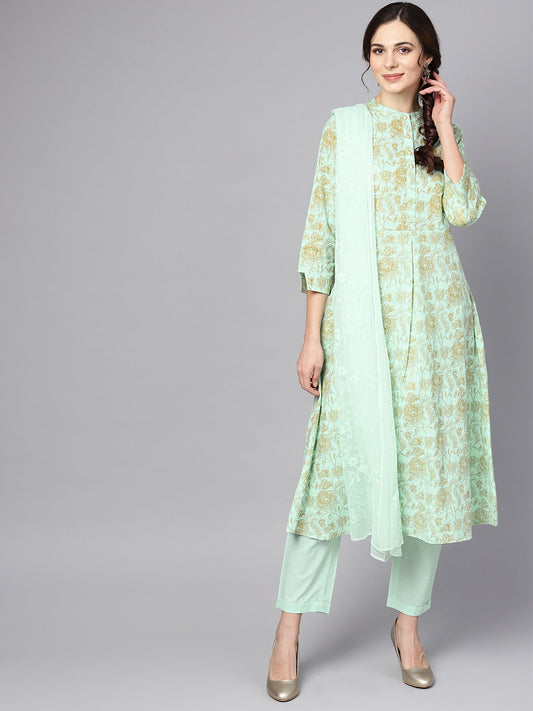 Blue Printed 3/4Th Sleeve Cotton Kurta With Printed Palazzo And Embriodery Dupatta | LASVINI - Redefining Indian Fashion with Elegance