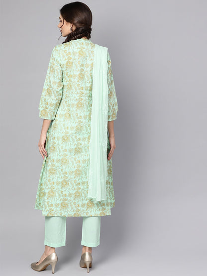 Blue Printed 3/4Th Sleeve Cotton Kurta With Printed Palazzo And Embriodery Dupatta | LASVINI - Redefining Indian Fashion with Elegance
