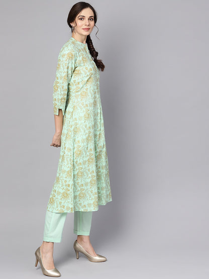 Blue Printed 3/4Th Sleeve Cotton Kurta With Printed Palazzo And Embriodery Dupatta | LASVINI - Redefining Indian Fashion with Elegance