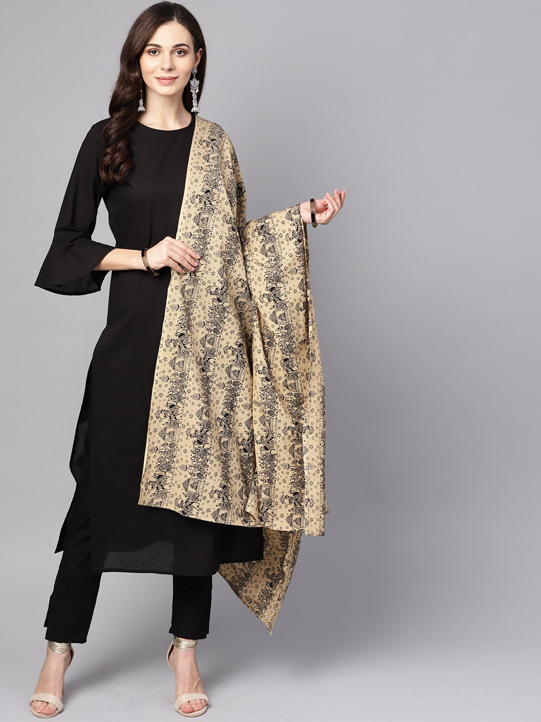 Black 3/4Th Sleeve Cotton Kurta And Palazzo With Beige Printed Dupatta | LASVINI - Redefining Indian Fashion with Elegance