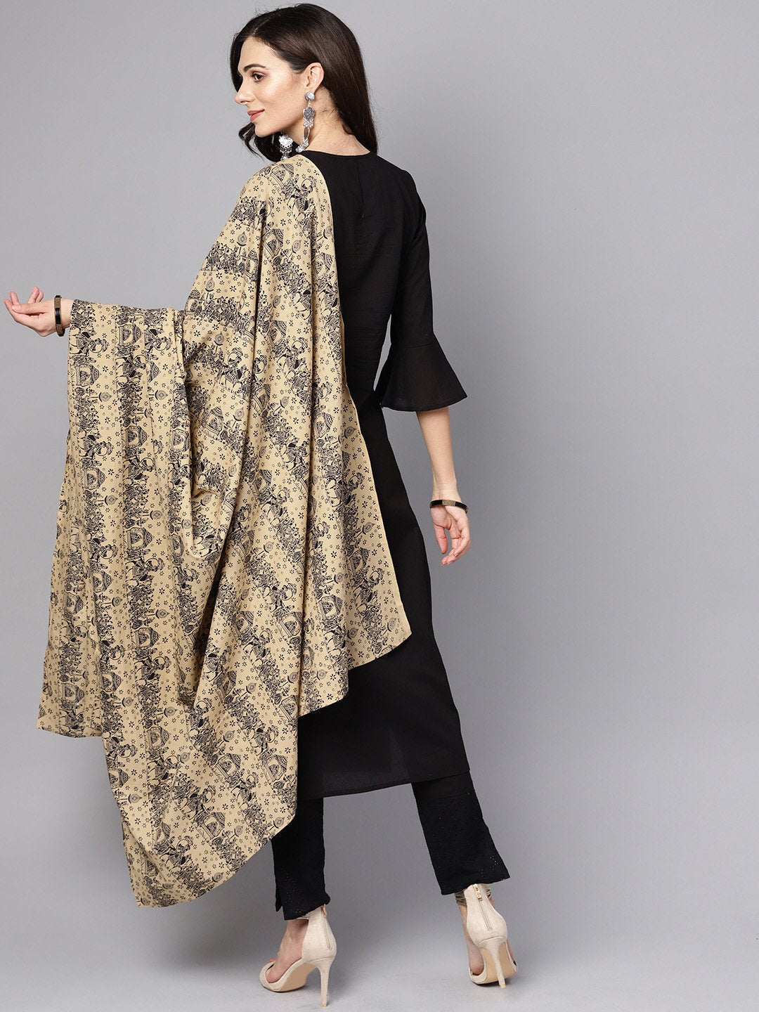 Black 3/4Th Sleeve Cotton Kurta And Palazzo With Beige Printed Dupatta | LASVINI - Redefining Indian Fashion with Elegance