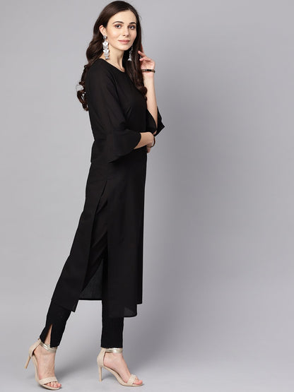 Black 3/4Th Sleeve Cotton Kurta And Palazzo With Beige Printed Dupatta | LASVINI - Redefining Indian Fashion with Elegance