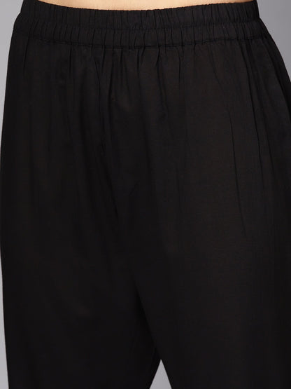 Black 3/4Th Sleeve Cotton Kurta And Palazzo With Beige Printed Dupatta | LASVINI - Redefining Indian Fashion with Elegance