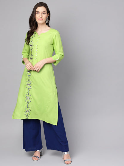Green 3/4Th Sleeve Rayon Embriodery Kurta | LASVINI - Redefining Indian Fashion with Elegance
