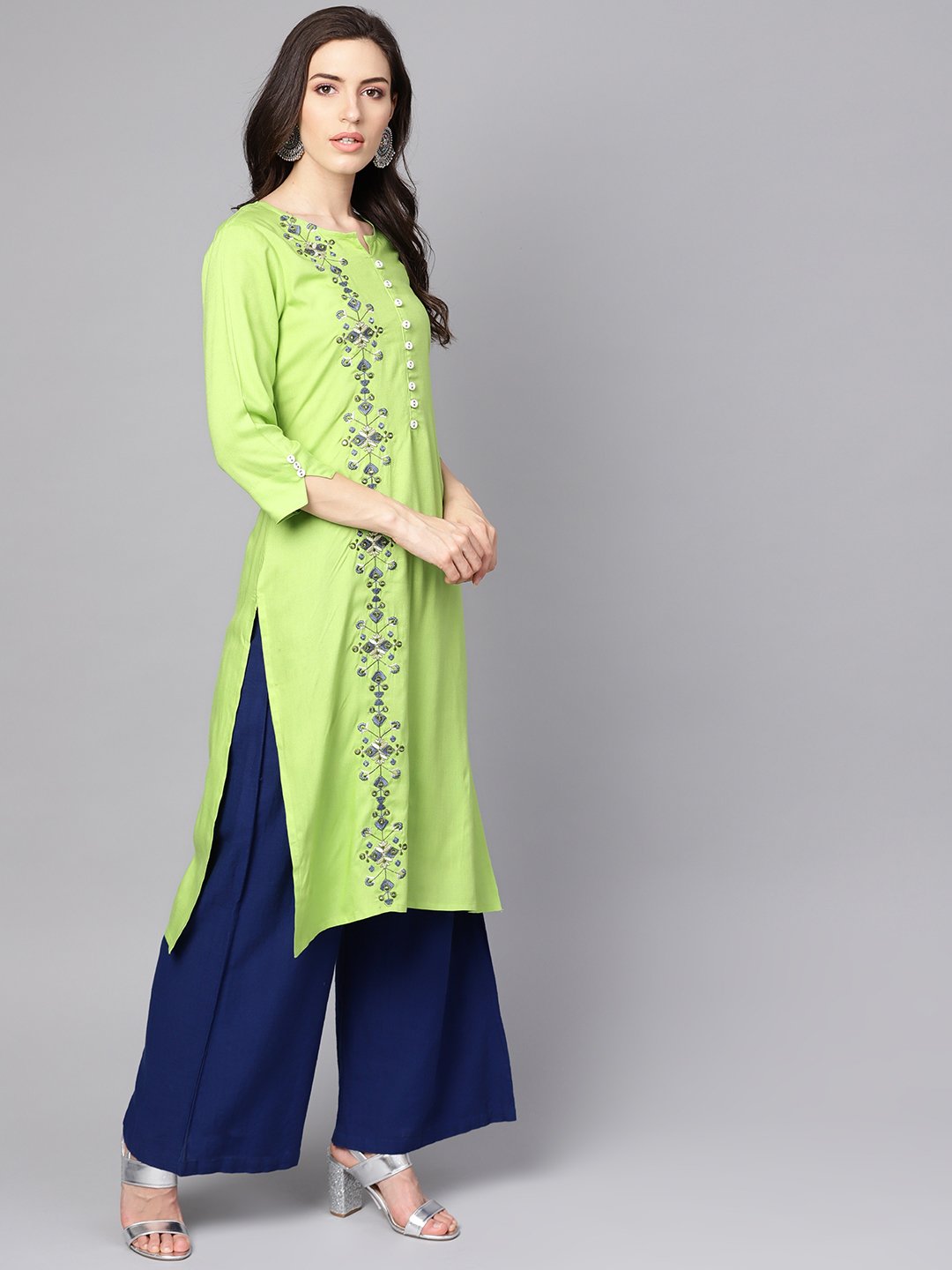 Green 3/4Th Sleeve Rayon Embriodery Kurta | LASVINI - Redefining Indian Fashion with Elegance