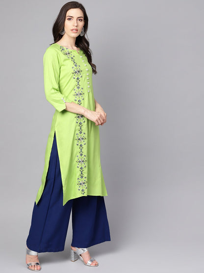 Green 3/4Th Sleeve Rayon Embriodery Kurta | LASVINI - Redefining Indian Fashion with Elegance