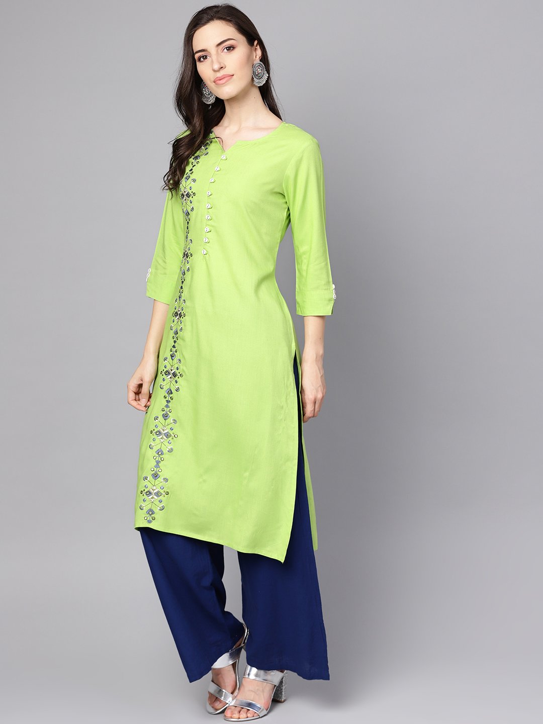 Green 3/4Th Sleeve Rayon Embriodery Kurta | LASVINI - Redefining Indian Fashion with Elegance