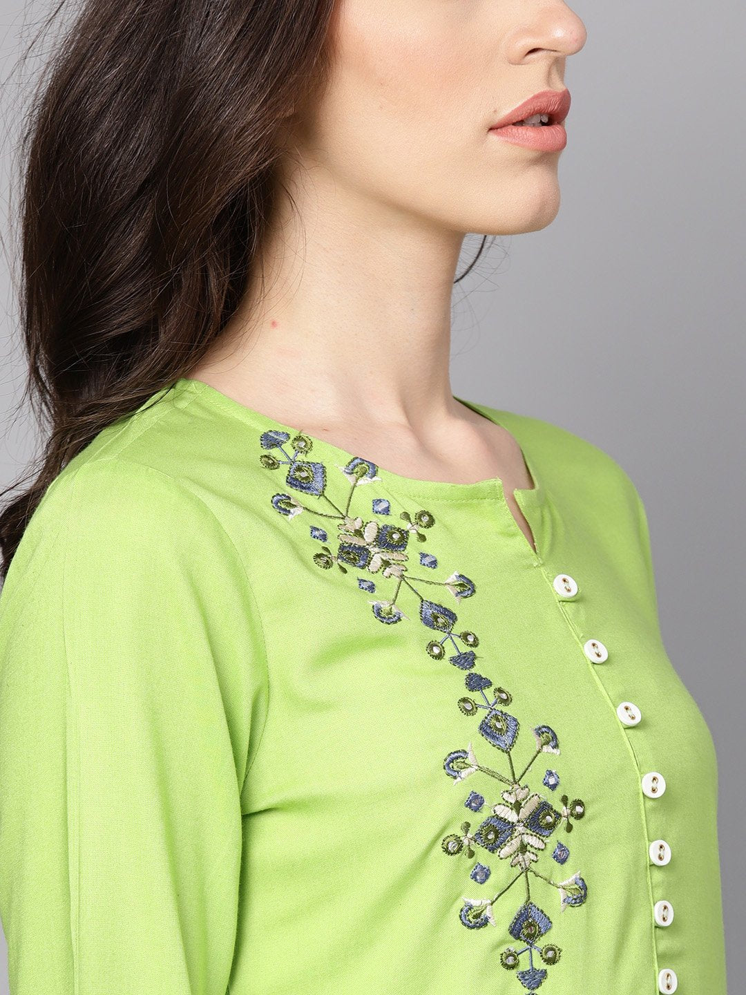 Green 3/4Th Sleeve Rayon Embriodery Kurta | LASVINI - Redefining Indian Fashion with Elegance