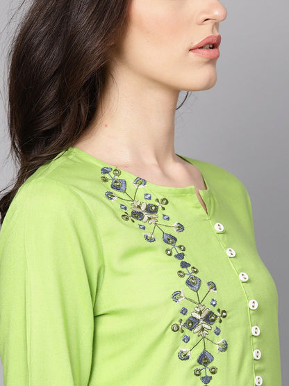 Green 3/4Th Sleeve Rayon Embriodery Kurta | LASVINI - Redefining Indian Fashion with Elegance
