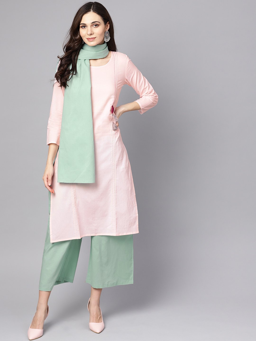 Solid Pink 3/4Th Cotton Kurta With Green Pallazo And Dupatta | LASVINI - Redefining Indian Fashion with Elegance