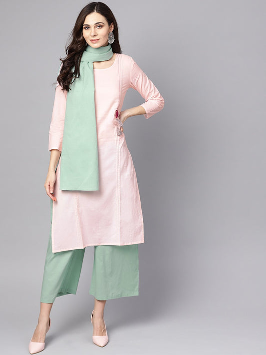 Solid Pink 3/4Th Cotton Kurta With Green Pallazo And Dupatta | LASVINI - Redefining Indian Fashion with Elegance