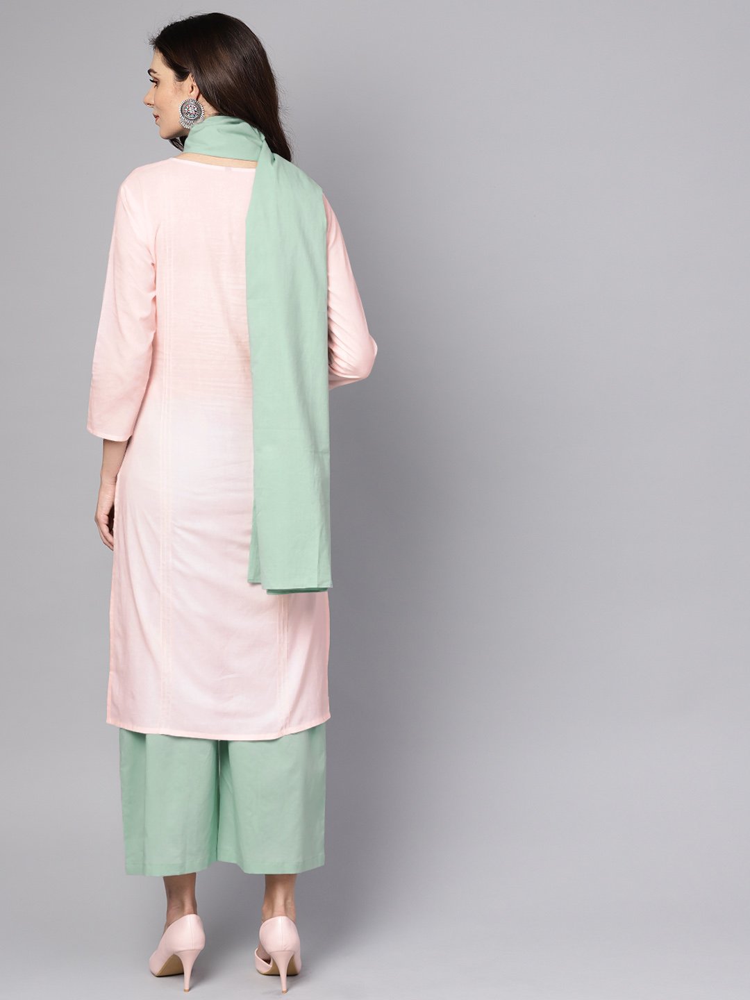 Solid Pink 3/4Th Cotton Kurta With Green Pallazo And Dupatta | LASVINI - Redefining Indian Fashion with Elegance