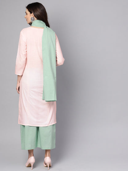 Solid Pink 3/4Th Cotton Kurta With Green Pallazo And Dupatta | LASVINI - Redefining Indian Fashion with Elegance