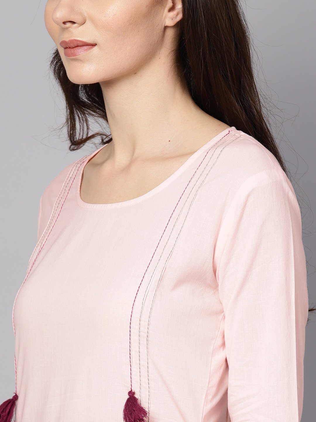 Solid Pink 3/4Th Cotton Kurta With Green Pallazo And Dupatta | LASVINI - Redefining Indian Fashion with Elegance