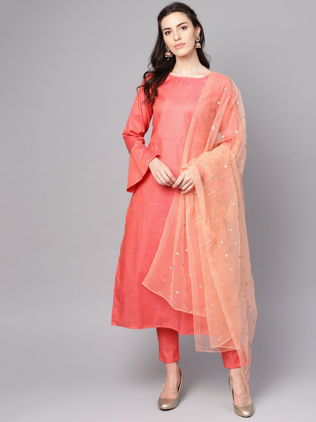 Red Full Sleeve Cotton Kurta With  Pant And Brocade Dupatta | LASVINI - Redefining Indian Fashion with Elegance