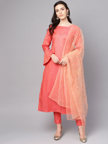 Red Full Sleeve Cotton Kurta With  Pant And Brocade Dupatta | LASVINI - Redefining Indian Fashion with Elegance