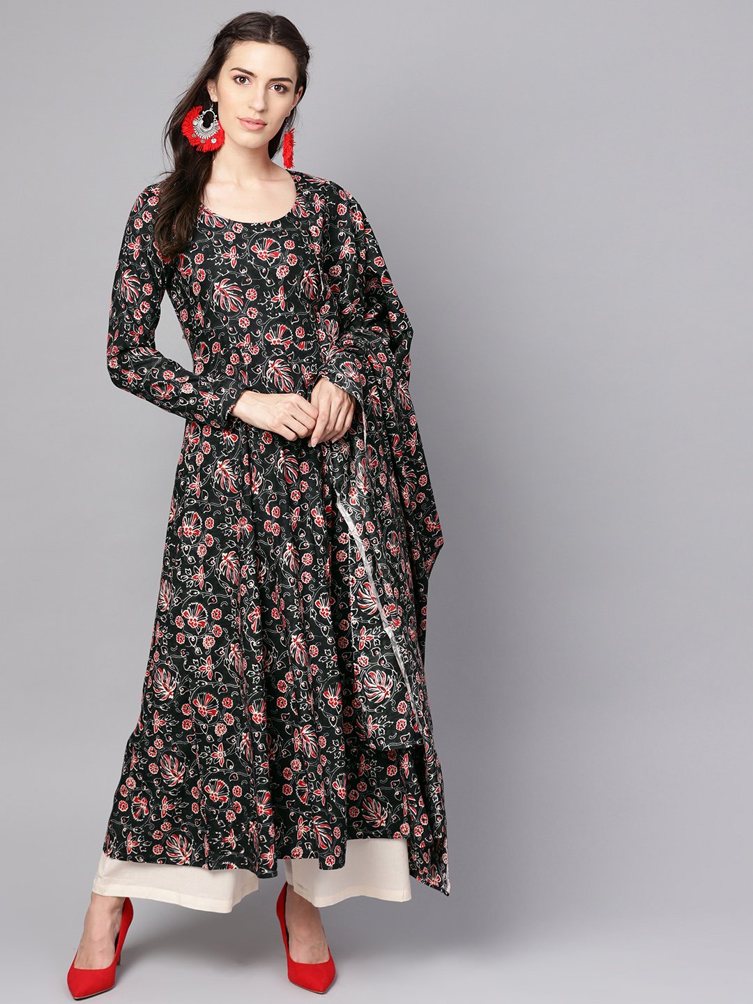 Black Printed Full Sleeve Rayon Kurta With Dupatta And Solid Beige Palazzo | LASVINI - Redefining Indian Fashion with Elegance