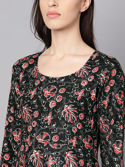 Black Printed Full Sleeve Rayon Kurta With Dupatta And Solid Beige Palazzo | LASVINI - Redefining Indian Fashion with Elegance